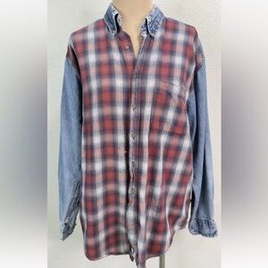 Vintage Specialty Collection Denim Flannel Plaid Distressed Button Up Shirt M